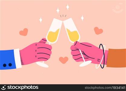 Celebrating holiday with champagne concept. Human hands cheering clinking glasses with sparkling wine together celebrating vector illustration . Celebrating holiday with champagne concept