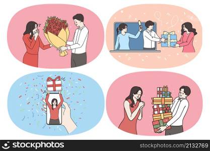 Celebrating holidays with presents and flowers concept. Set of people making and taking gifts in boxes carrying presents giving flowers to girlfriend feeling happy with surprise vector illustration. Celebrating holidays with presents and flowers concept