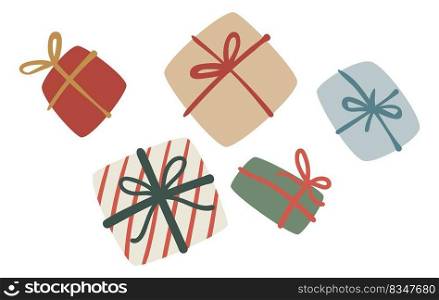 Celebrating holidays with presents in boxes, containers with wrapping paper and ribbon bows. Isolated Christmas or new year greetings, anniversaries or birthdays. Vector in flat style illustration. Presents and gifts for special occasion holiday