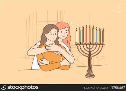 Celebrating holy Hanukkah holiday concept. Two happy Jewish sisters sitting hugging looking at beautiful menorah candelabra glowing on eight day of Hanukkah Jewish holiday vector illustration . Celebrating holy Hanukkah holiday concept