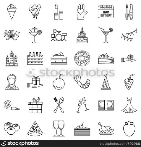 Celebrating icons set. Outline style of 36 celebrating vector icons for web isolated on white background. Celebrating icons set, outline style