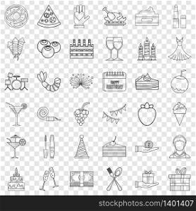 Celebrating icons set. Outline style of 36 celebrating vector icons for web for any design. Celebrating icons set, outline style