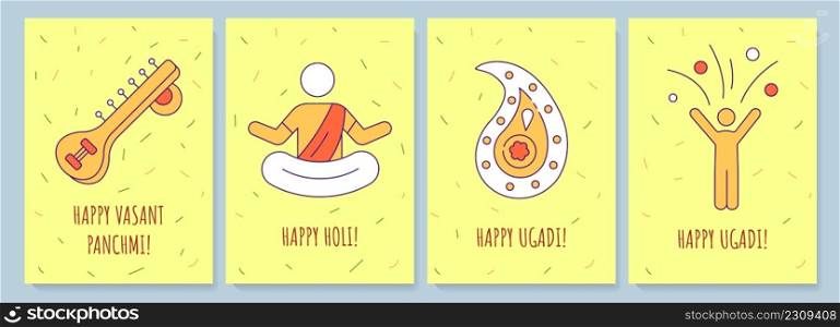 Celebrating indian holidays greeting cards with color icon element set. Postcard vector design. Decorative flyer with creative illustration. Notecard with congratulatory message on yellow. Celebrating indian holidays greeting cards with color icon element set