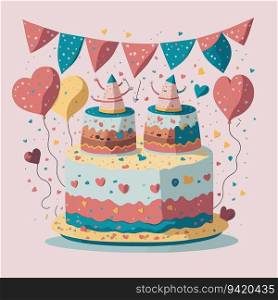 Celebrating Love  Delightful Clipart Illustration of Cute Cake and Smiling Characters for an Anniversary