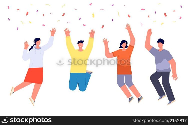 Celebrating modern people. Young happy person jumping up, winner crazy. Opening ceremony, friendship student or business success vector. Illustration celebration joy and jump, adult people happines. Celebrating modern people. Young happy person jumping up, winner crazy. Opening ceremony, friendship student or business success utter vector concept