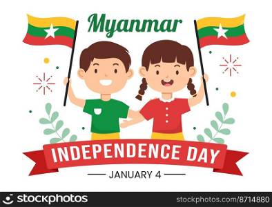 Celebrating Myanmar Independence Day on January 4th with Little Kids Carrying Flags in Cartoon Hand Drawn Templates Illustration