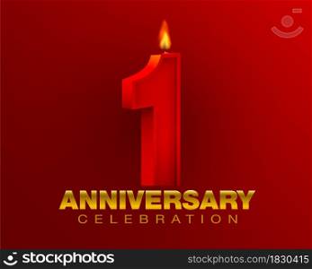 Celebrating one year anniversary. red number 1 and candle lights on red background. bright golden celebration font festival illustration, wedding, birthday Realistic file.