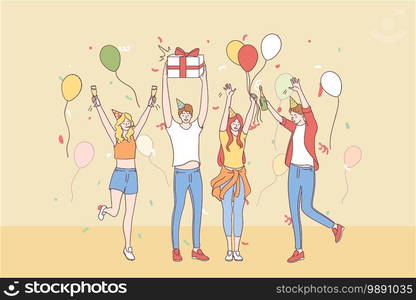 Celebrating, party, birthday concept. Group of happy young people friends cartoon characters in festive hats raising hands celebrating holiday with confetti, ch&agne and present boxes together . Celebrating, party, birthday concept