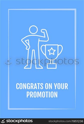 Celebrating promotion blue postcard with linear glyph icon. Greeting card with decorative vector design. Simple style poster with creative lineart illustration. Flyer with holiday wish. Celebrating promotion blue postcard with linear glyph icon