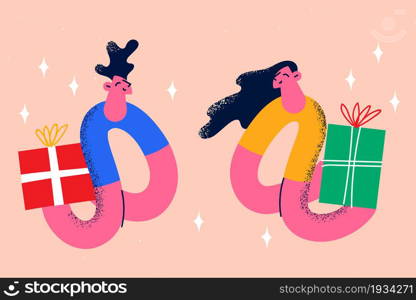 Celebrating Saint Valentines day concept. Young smiling couple man and woman looking at each other holding holiday presents in boxes behind back vector illustration . Celebrating Saint Valentines day concept