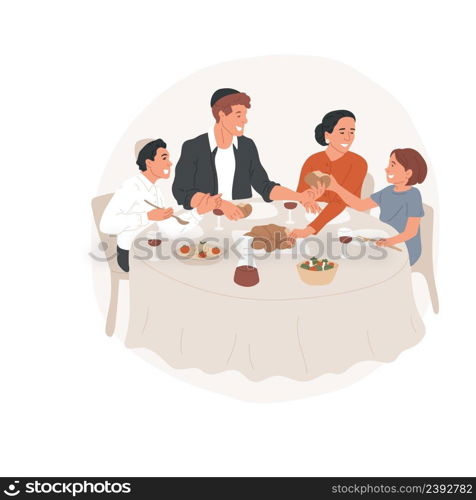 Celebrating shabbat isolated cartoon vector illustration Jewish family, traditional food at Shabbat, Jewish everyday rituals, faith and belief, kosher meal, bread and wine vector cartoon.. Celebrating shabbat isolated cartoon vector illustration