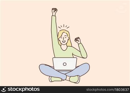Celebrating success in work, freelance concept. Young smiling woman freelancer cartoon character sitting with laptop on knees with hand up gesturing like winner vector illustration . Celebrating success in work, freelance concept