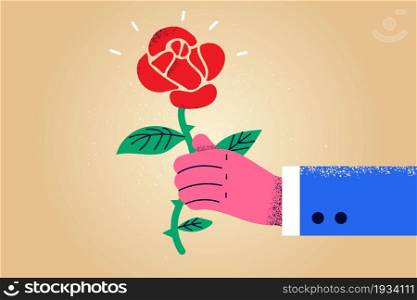 Celebrating Valentines day and dating concept. Hand of unrecognizable man giving flower red rose to somebody as symbol of love and tenderness vector illustration . Celebrating Valentines day and dating concept.