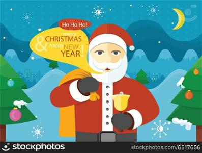 Celebrating winter holidays concept. Vector in flat design. Santa Claus with bag of gifts and bell wishes Merry Christmas Happy New Year Christmas trees with toys on sides, city lights in background. Celebrating Winter Holidays Flat Vector Concept . Celebrating Winter Holidays Flat Vector Concept