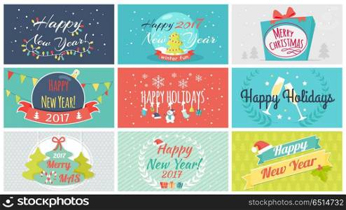 Celebrating Winter Holidays Flat Vector Concepts. Winter holidays. Happy New 2017 Year and Merry Christmas flat vector concepts with ribbons, gifts, garlands, christmas tree toys, glasses of champagne, santa hat, snowflakes. For greeting cards design. Celebrating Winter Holidays Flat Vector Concepts