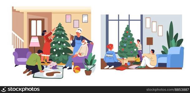 Celebrating winter holidays with family, home gathered for decoration of xmas tree. New Year or Christmas, mom and dad with child. Grandparents and grandson spending time. Vector in flat style. Christmas holidays, winter celebration at home