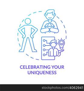 Celebrating your uniqueness blue gradient concept icon. Self appreciation. Charisma benefit abstract idea thin line illustration. Isolated outline drawing. Myriad Pro-Bold font used. Celebrating your uniqueness blue gradient concept icon