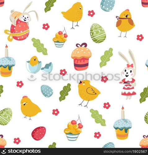 Celebration and preparation for easter christian holiday. Background of baked cake with glazing, chirping bird, funny bunny character, decorated egg and flora. Seamless pattern, vector in flat style. Easter holiday signs cake and birds, bunny flora