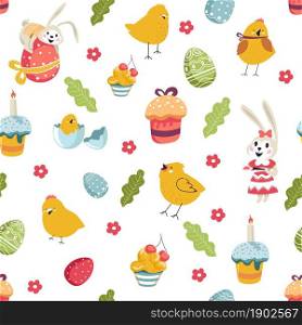 Celebration and preparation for easter christian holiday. Background of baked cake with glazing, chirping bird, funny bunny character, decorated egg and flora. Seamless pattern, vector in flat style. Easter holiday signs cake and birds, bunny flora