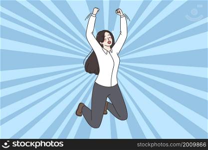 Celebration and success happiness concept. Young smiling woman jumping with raised hands feeling excited celebrating success winning vector illustration . Celebration and success happiness concept