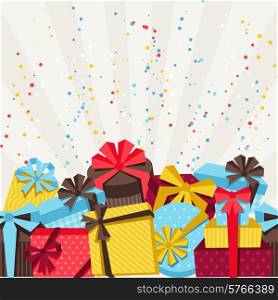 Celebration background or card with colorful gift boxes.