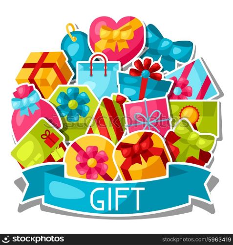 Celebration background or card with colorful sticker gift boxes. Celebration background or card with colorful sticker gift boxes.