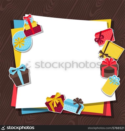 Celebration background or card with sticker gift boxes.