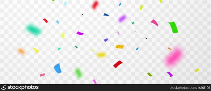 Celebration background template with confetti and colorful ribbons.