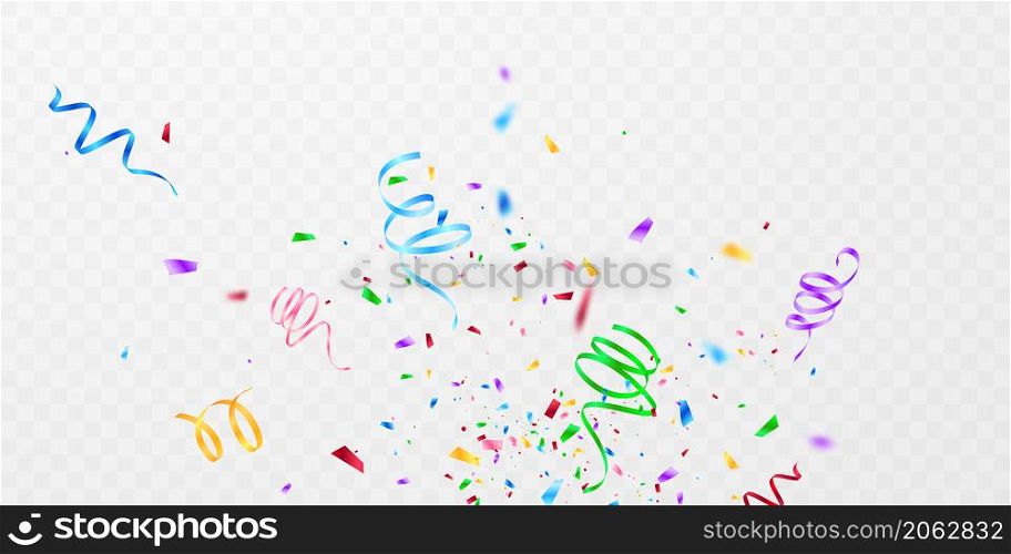 Celebration background template with confetti and colorful ribbons.