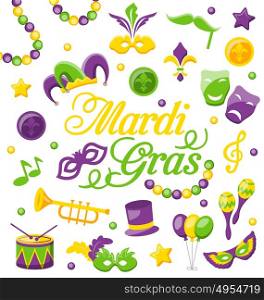 Celebration Background with Set Mardi Gras and Carnival Icons and Objects. Illustration Celebration Background with Set Mardi Gras and Carnival Icons and Objects - Vector