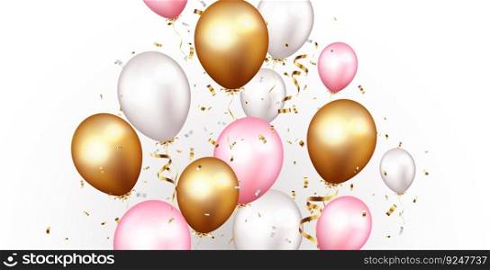 Celebration banner with gold confetti and balloons