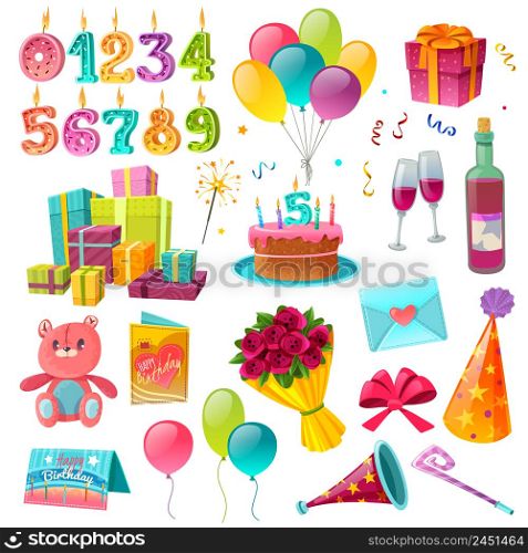 Celebration birthday cartoon set with bouquet of flowers balloons party hat greeting cards candle numbers isolated vector illustration. Celebration Birthday Cartoon Set