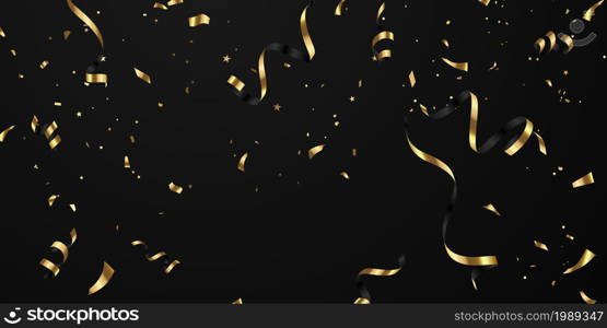 Celebration black background template with elegant greeting card confetti and gold ribbon