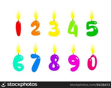 Celebration cake candles burning lights, birthday numbers and party candle. Different color birthday candles with burning flames. Cartoon numbers. Vector illustration.