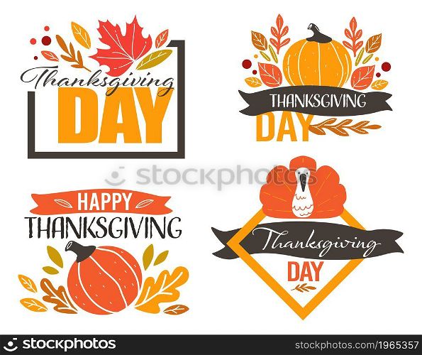 Celebration cards and banners for thanksgiving day in autumn. Invitation or greeting, postcards and decoration with dry leaves. Pumpkin and turkey with ribbons and calligraphy. Vector in flat style. Thanksgiving holiday, celebration cards banners