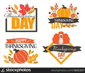 Celebration cards and banners for thanksgiving day in autumn. Invitation or greeting, postcards and decoration with dry leaves. Pumpkin and turkey with ribbons and calligraphy. Vector in flat style. Thanksgiving holiday, celebration cards banners