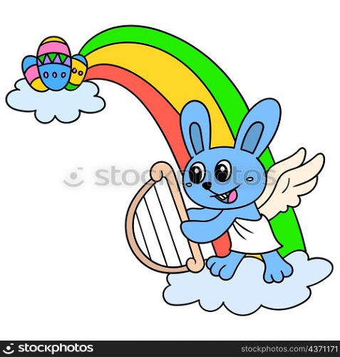 celebration cartoon welcoming easter day with fantasy angel rabbit and rainbow