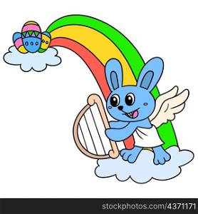 celebration cartoon welcoming easter day with fantasy angel rabbit and rainbow