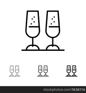 Celebration, Ch&agne Glasses, Cheers, Toasting Bold and thin black line icon set