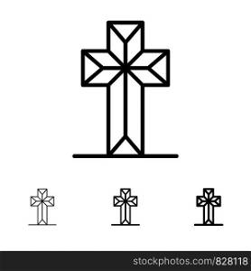 Celebration, Christian, Cross, Easter Bold and thin black line icon set