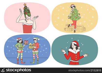 Celebration Christmas and New year concept. Set of young happy people wearing festive New Year costumes giving carrying presents preparing for holidays vector illustration. Celebration Christmas and New year concept