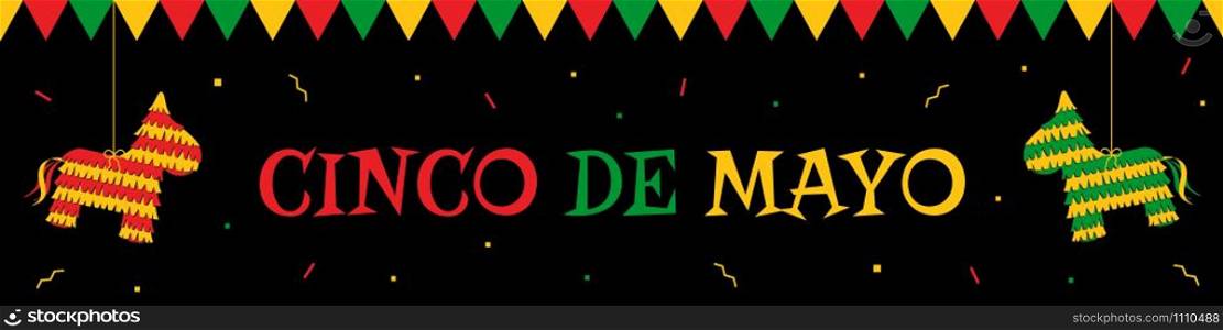 Celebration cinco de mayo web banner. Horizontal vector design template with big title cinco de mayo, green and orange traditional pinatas, bunting. Festive colors illustration for party promo design. Pinata and bunting cinco de mayo party web banner