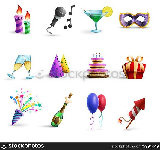 Celebration Colorful Cartoon Style Icons Set. Season holidays weddings celebration and birthday parties icons set with champagne glasses and balloons abstract vector illustrations
