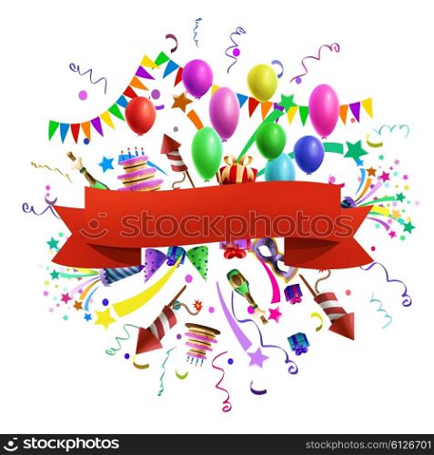 Celebration composition illustration. Celebration composition template with red ribbon and balloons decoration on background vector illustration
