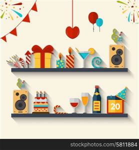 Celebration concept with flat holiday symbols set of gifts cakes and balloons vector illustration. Celebration Concept Flat