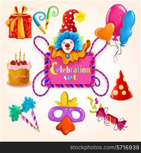 Celebration decorative icons colored set with clown balloon gift box isolated vector illustration