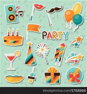 Celebration festive set of party sticker icons and objects.. Celebration set of party sticker icons and objects.