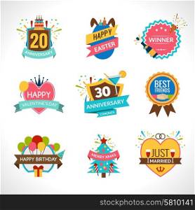 Celebration festives holidays and anniversaries emblems set isolated vector illustration. Celebration Emblems Set