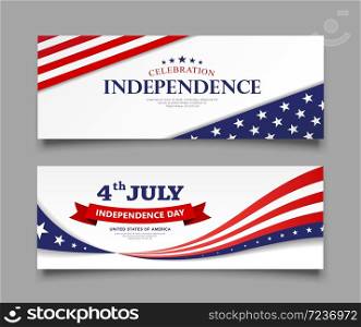 Celebration flag of america independence day banners collections design red and blue background, vector illustration