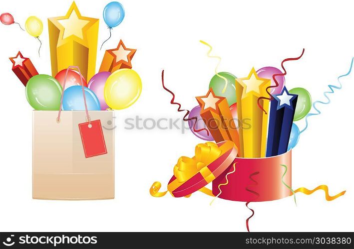 Celebration Gifts. Bright festive balloons, 3d stars coming out of opened gift box and shopping bag.